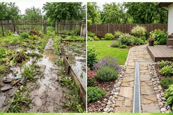 before and after of a wet garden