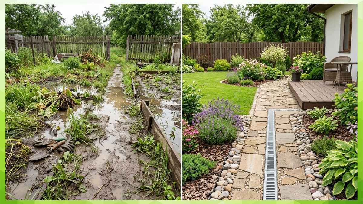 before and after of a wet garden