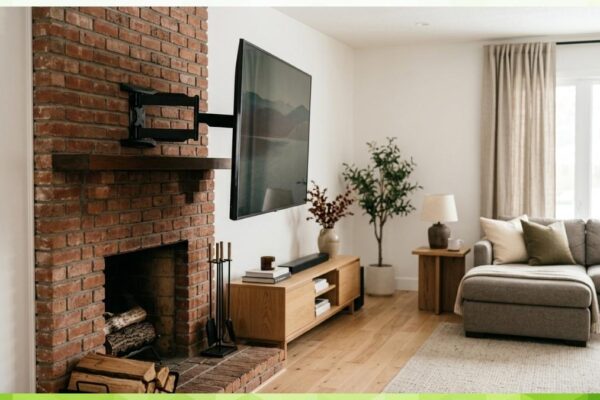 TV mounted on a brick fireplace