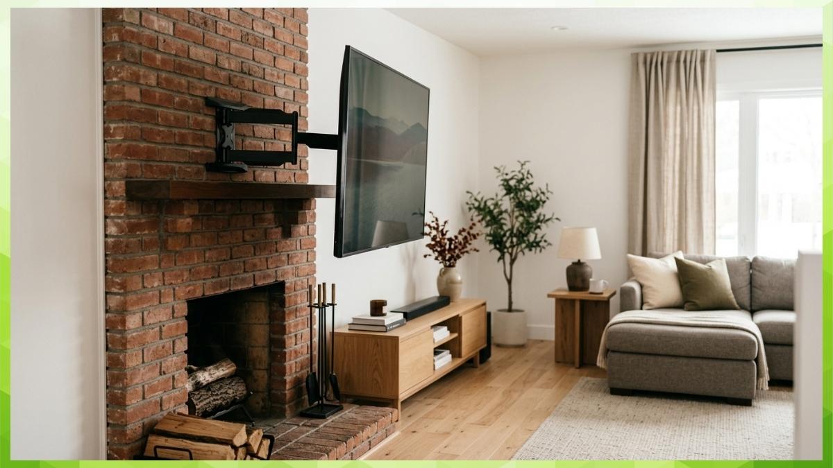 TV mounted on a brick fireplace