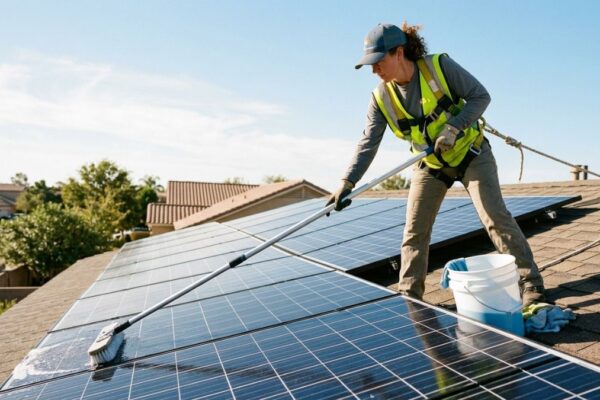 A person cleaning solar panels
