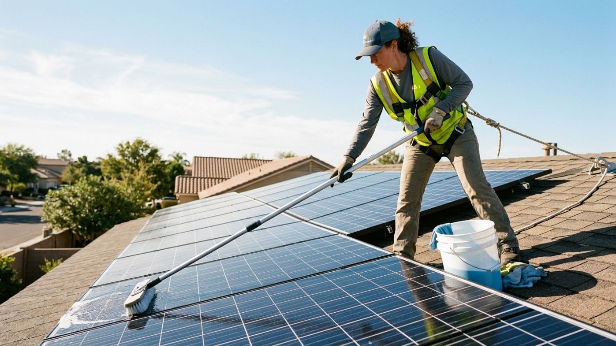 A person cleaning solar panels