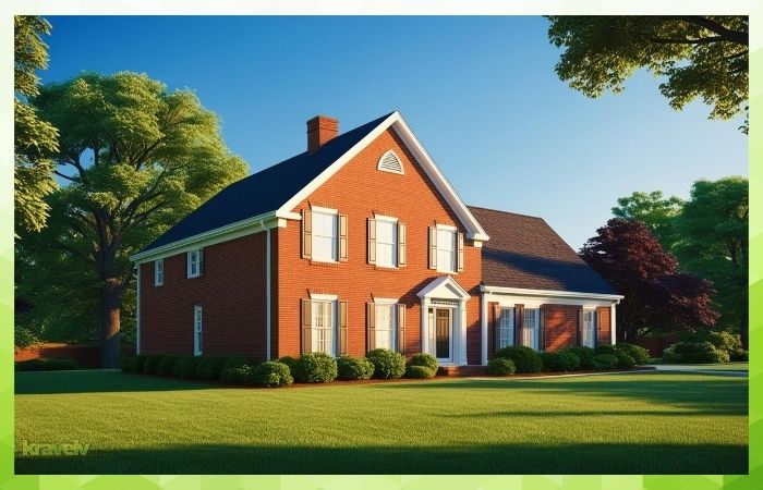 A traditional suburban house with a simple triangular gable roof and brick siding, under a clear blue sky.