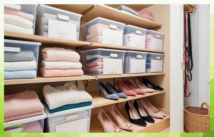 Clear labeled storage containers used to organize accessories and clothing in a small closet.