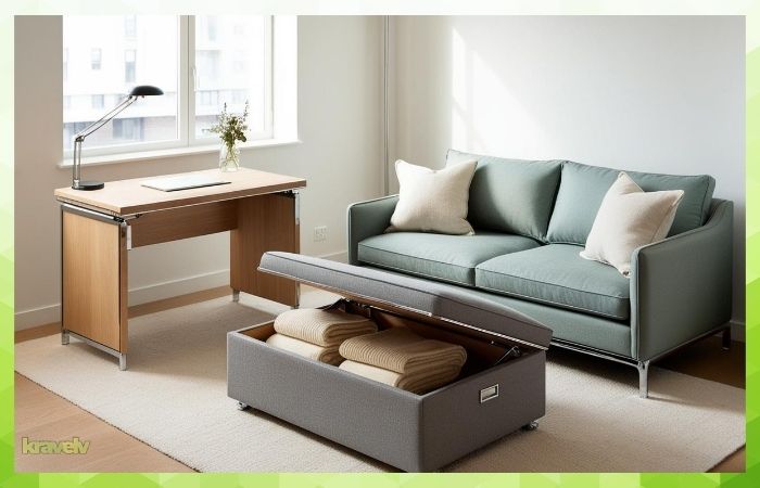 Multi-functional furniture in a small living room, featuring a fold-out desk, storage ottoman, and a sofa with drawers.