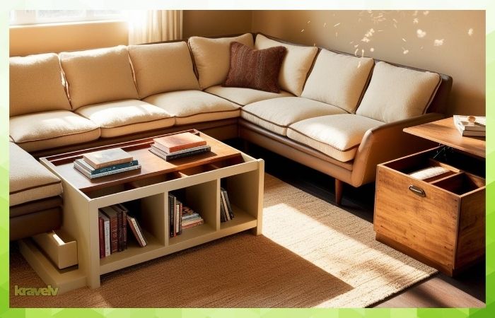 A cozy living room with a coffee table featuring built-in shelving