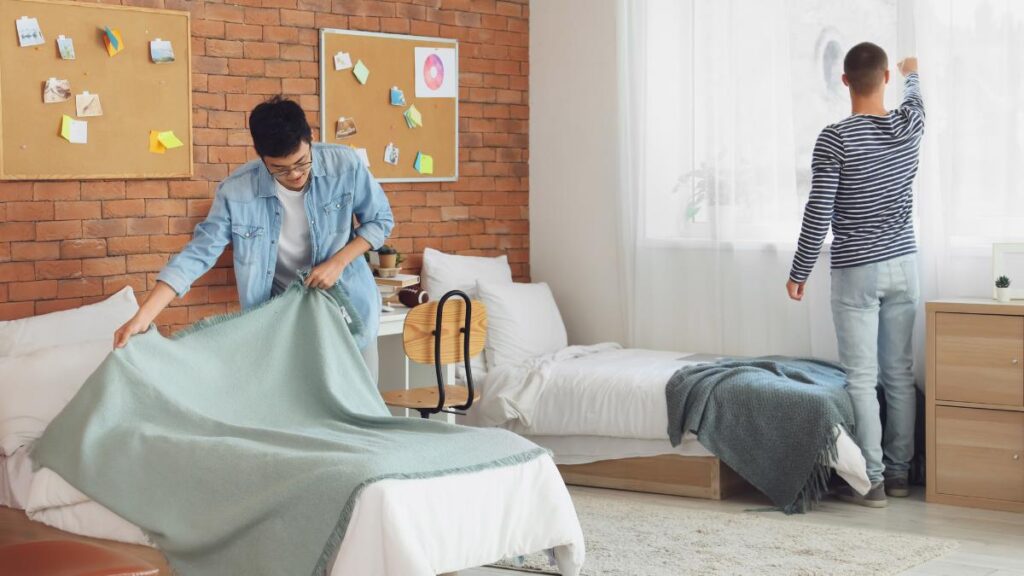 busy students cleaning room