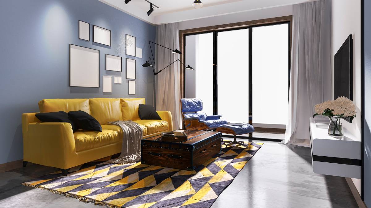 living room with yellow couch
