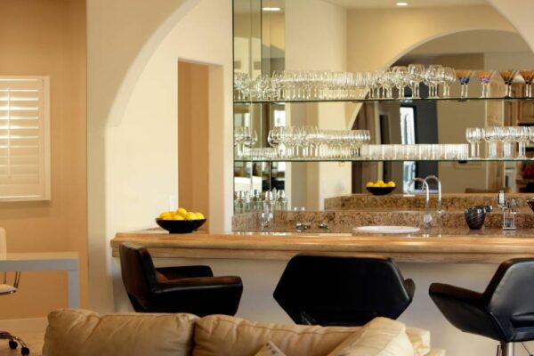 home bar with black stools