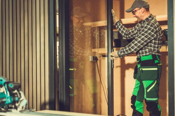 worker installing custom glass door