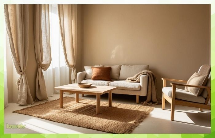 A small living room with neutral light walls, soft fabric textures (linen, jute, wool), muted throw pillows, a jute rug, and natural wood furniture