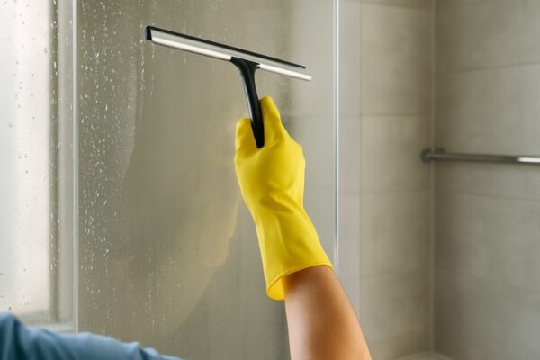 Person cleaning water on a glass