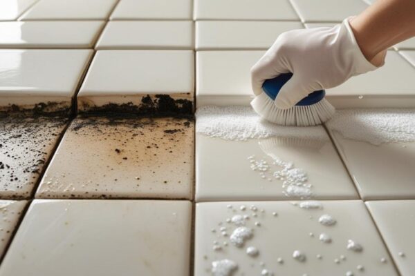 A person cleaning grout between tiles