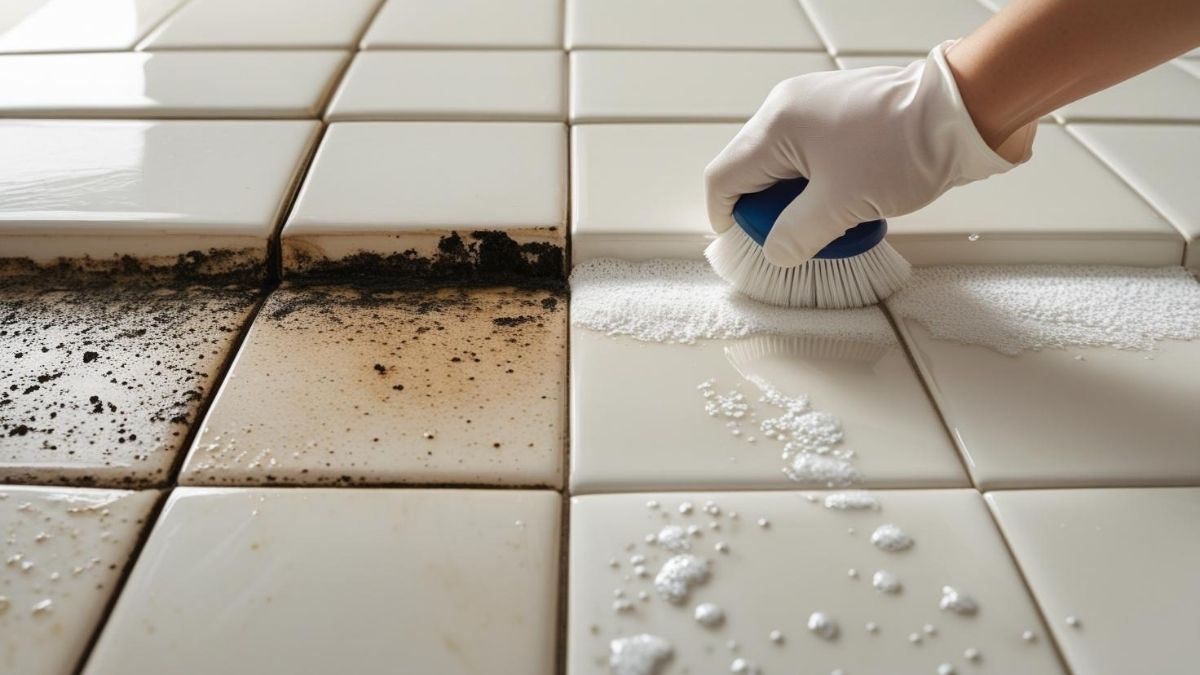 A person cleaning grout between tiles