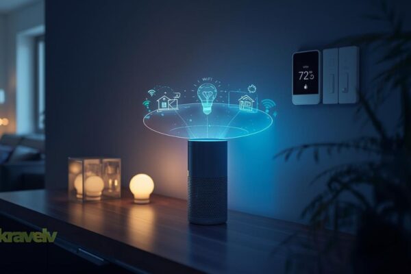 Modern smart home interior with dim ambient lighting, showing an Amazon Echo smart speaker glowing blue on a wooden table, surrounded by connected smart devices like smart bulbs, thermostat screen, and wall switches.