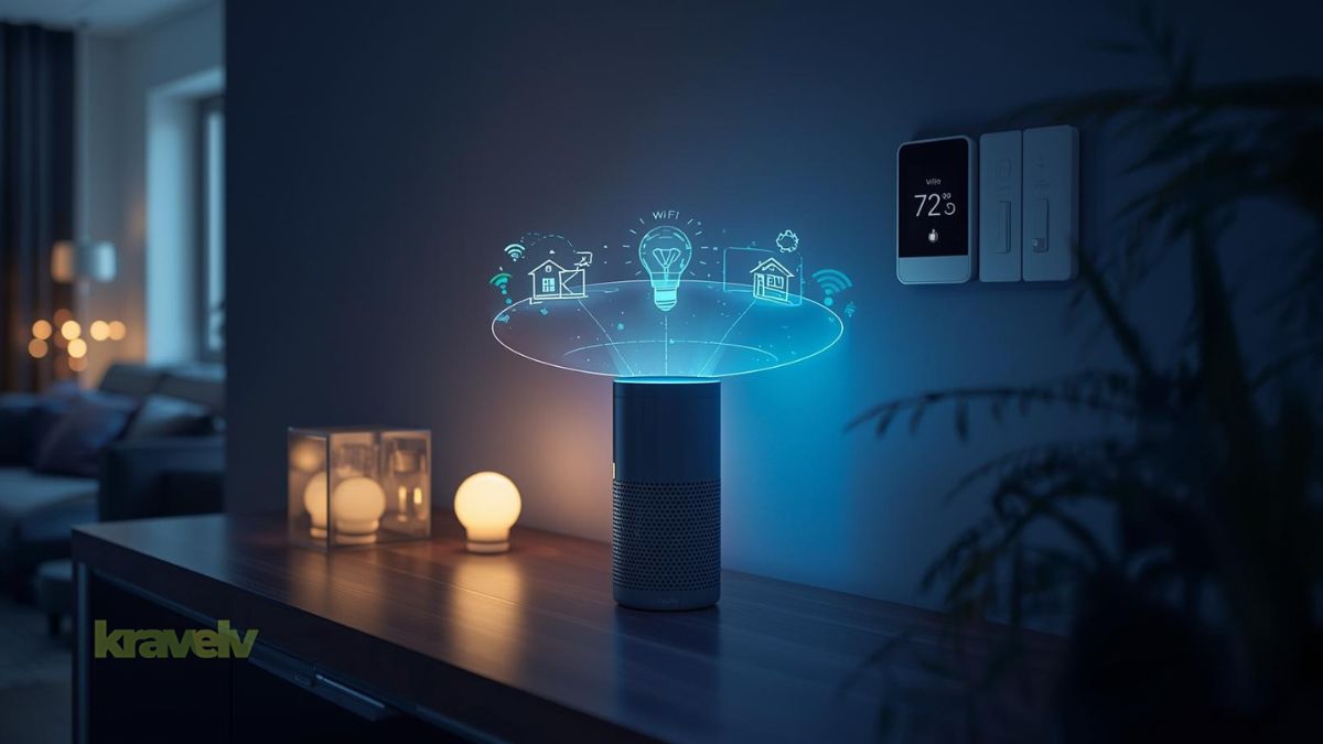 Modern smart home interior with dim ambient lighting, showing an Amazon Echo smart speaker glowing blue on a wooden table, surrounded by connected smart devices like smart bulbs, thermostat screen, and wall switches.