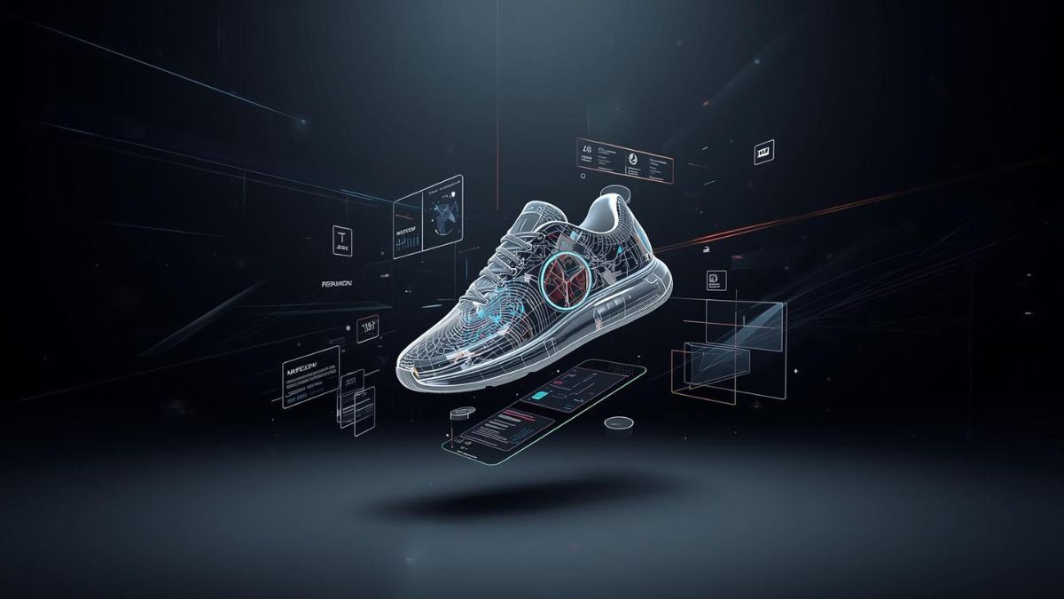 A modern, futuristic marketing scene showing a realistic consumer product (such as a smartwatch or sneaker) floating at the center, rendered in ultra-detailed 3D visualization.