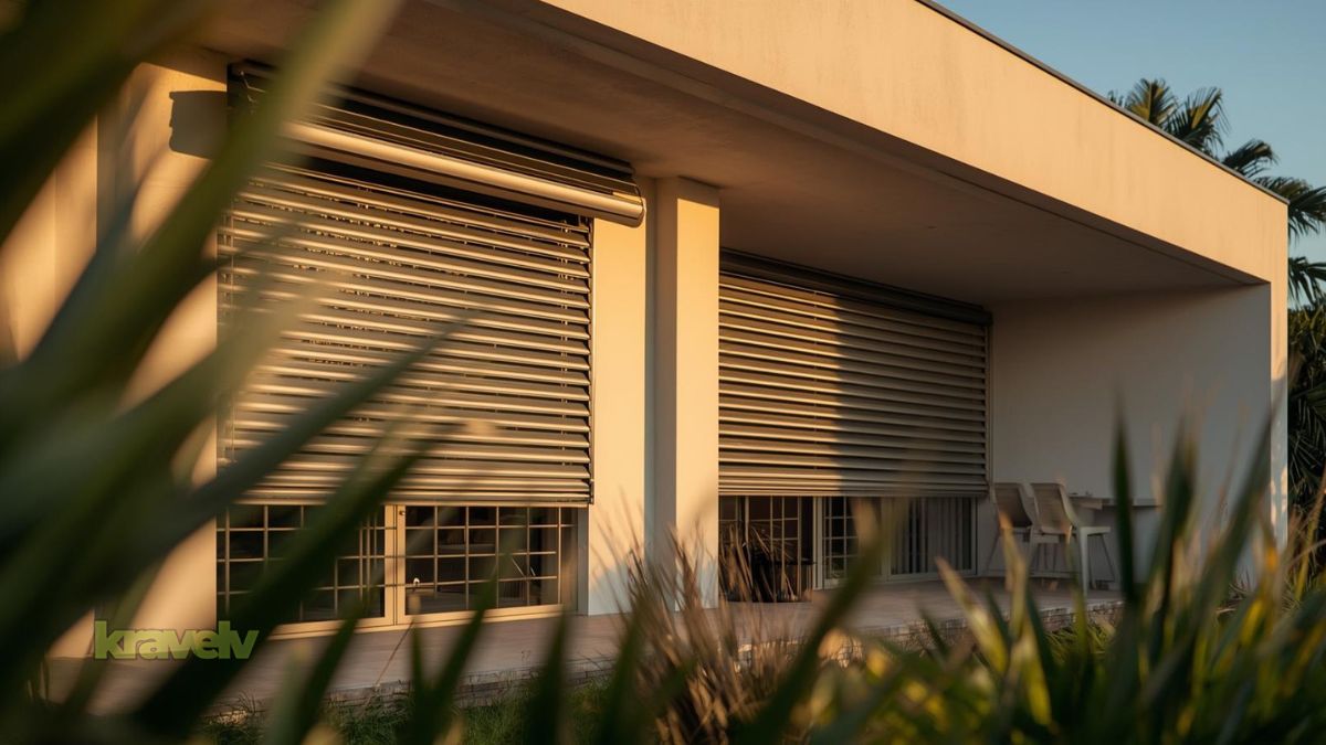 a modern aesthetic vacation home with roll up security shutters on windows.