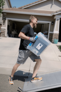 person carrying box with stuff