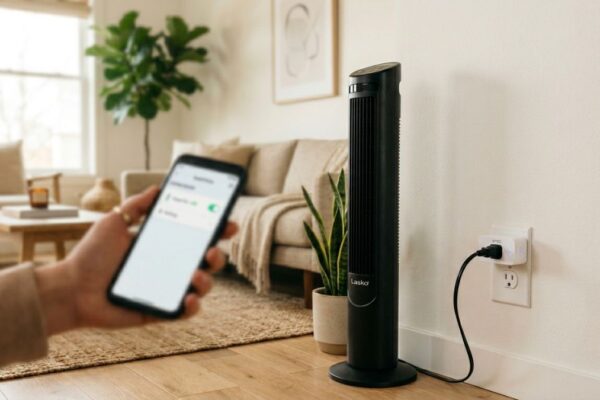 white smart plug inserted into a wall outlet, with a sleek tower fan plugged into it.
