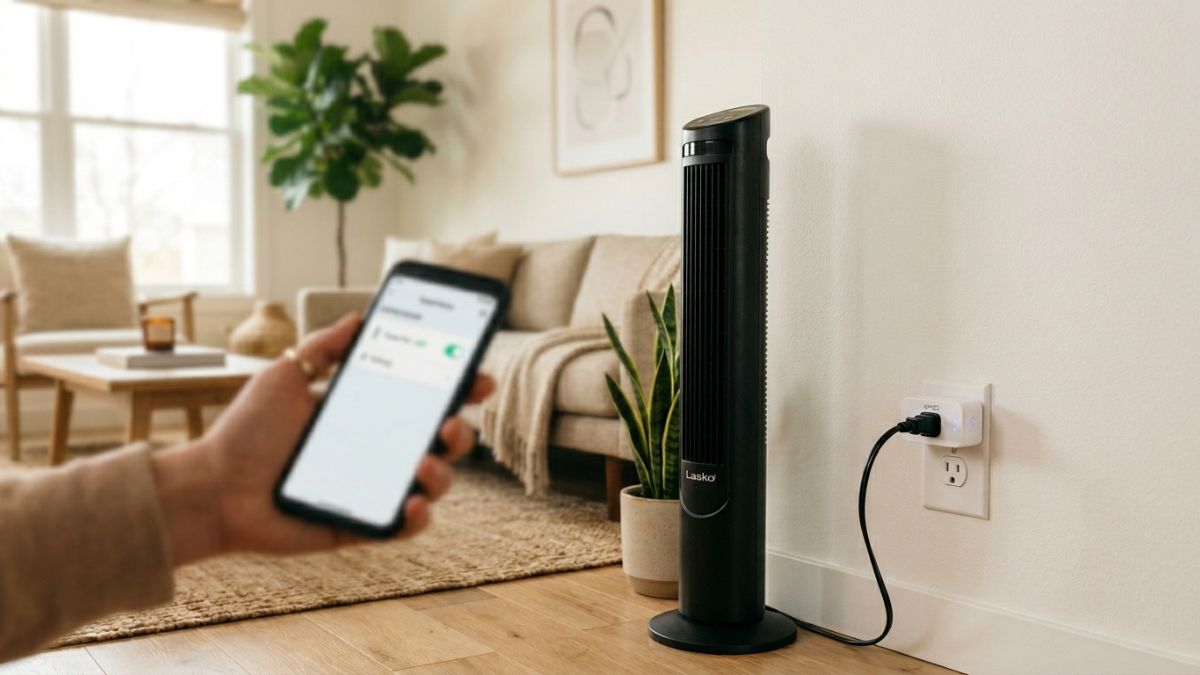 white smart plug inserted into a wall outlet, with a sleek tower fan plugged into it.