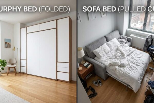 split screen of murphy bed and sofa bed