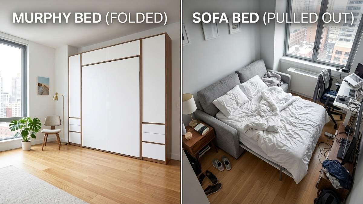 split screen of murphy bed and sofa bed