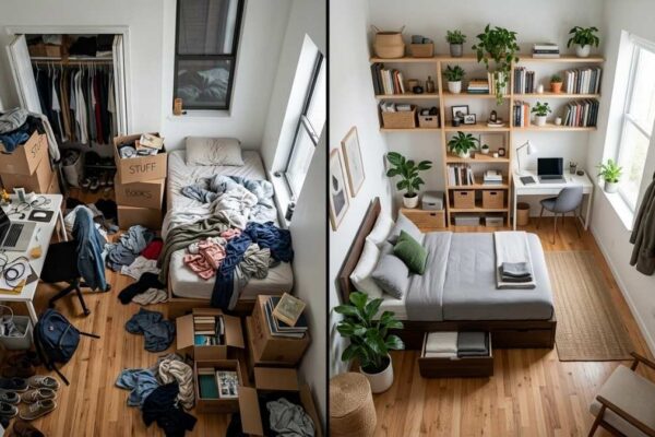 before and after of a modern studio apartment