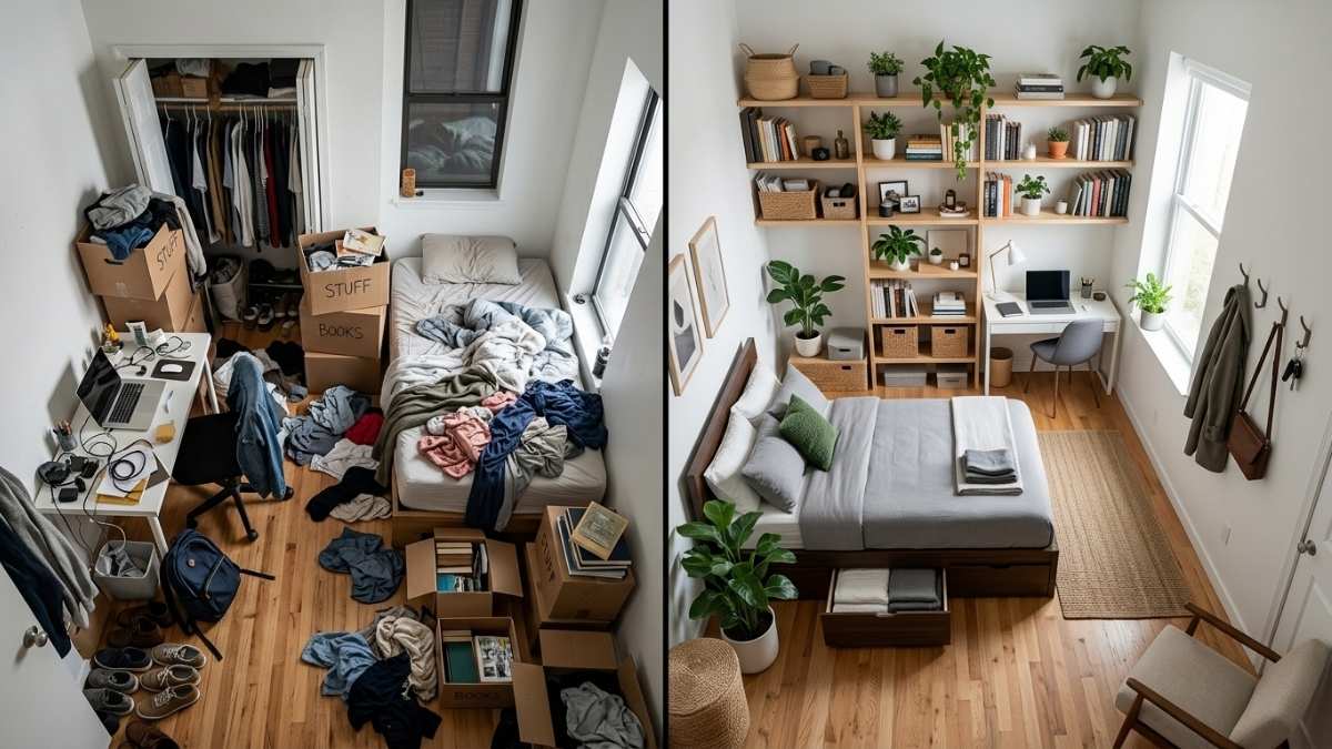 before and after of a modern studio apartment