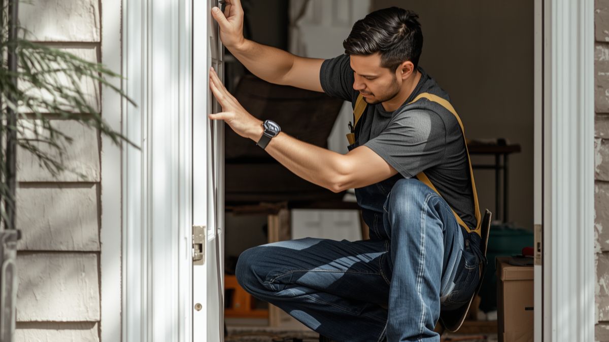 worker fixing a door