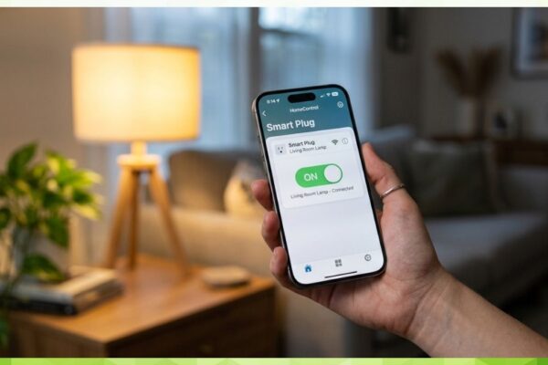 a hand holding an iPhone displaying a smart home app interface controlling a smart plug