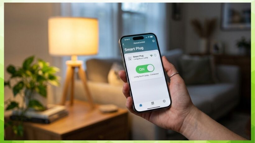 a hand holding an iPhone displaying a smart home app interface controlling a smart plug