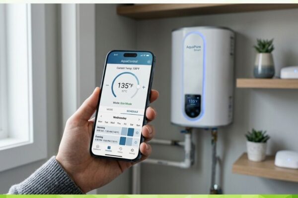 Modern smartphone controlling a smart water heater system
