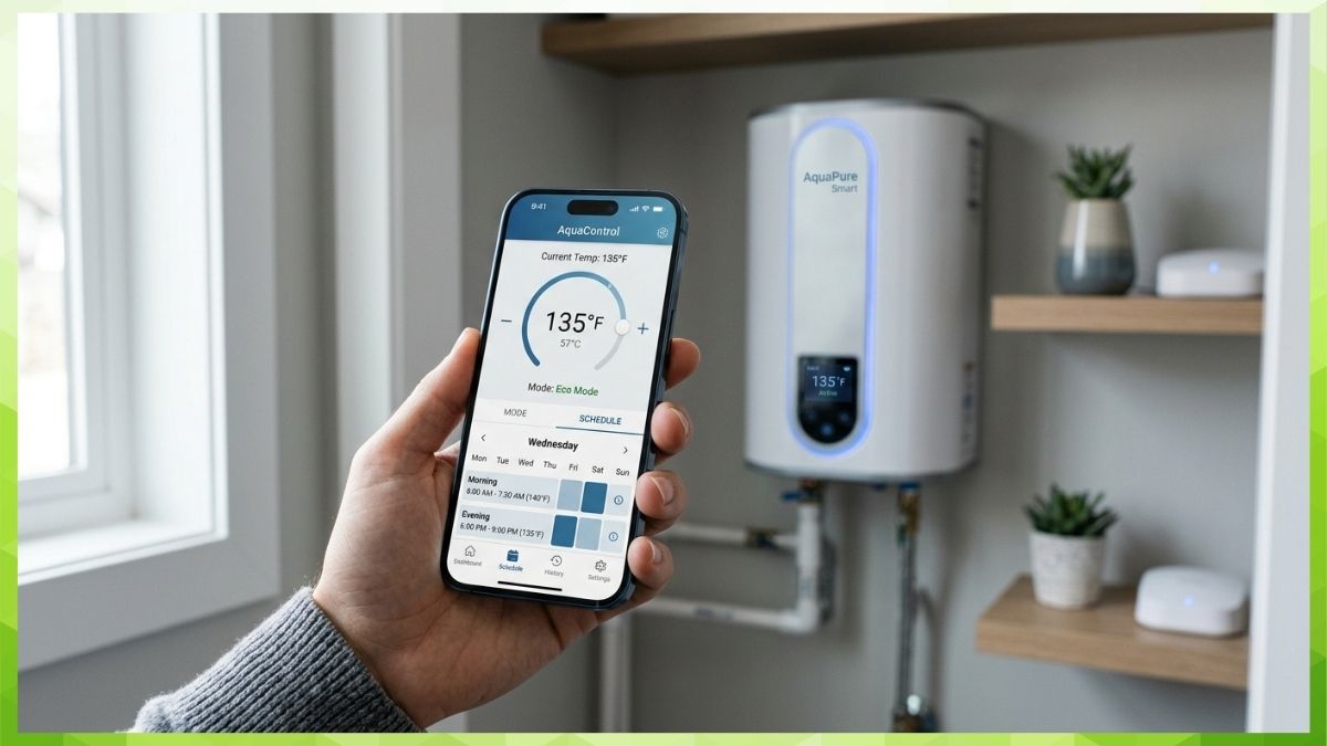 Modern smartphone controlling a smart water heater system