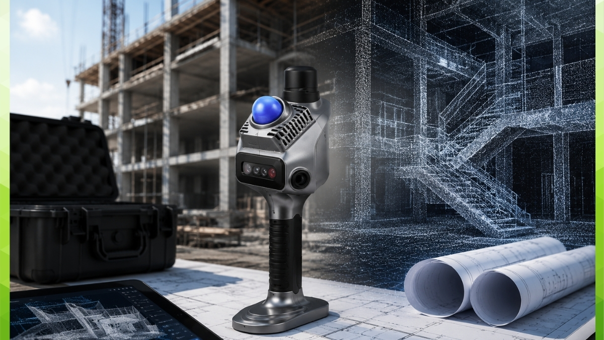 SHARE SLAM S20 handheld 3D LiDAR scanner on architectural blueprints at a construction site, with a 3D point-cloud visualization of a building in the background.