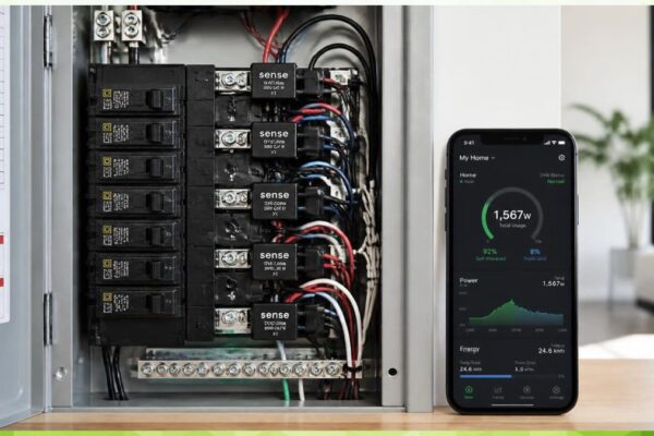 Open electrical panel with CT clamp sensors installed, paired with a smartphone displaying an energy monitoring app.