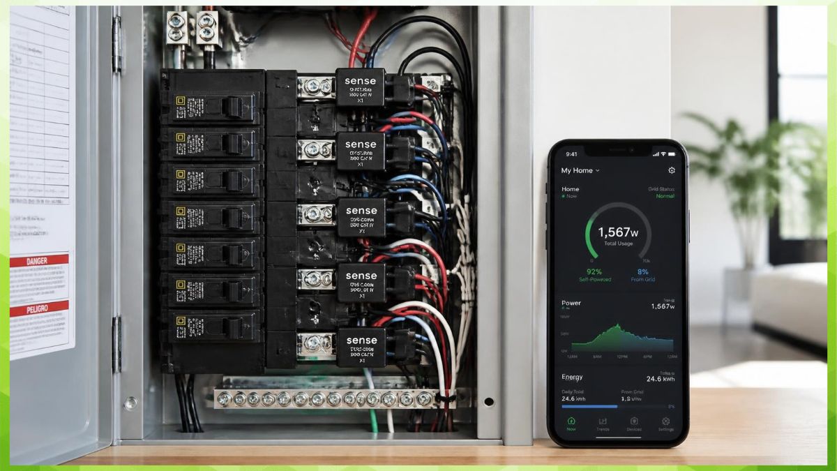 Open electrical panel with CT clamp sensors installed, paired with a smartphone displaying an energy monitoring app.