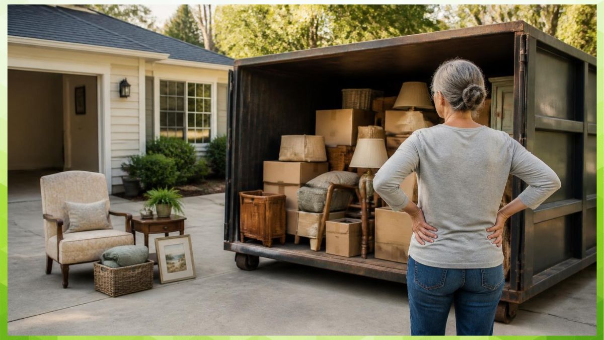 a homeowner downsizing a suburban house, standing beside an open residential dumpster filled with neatly sorted household belongings