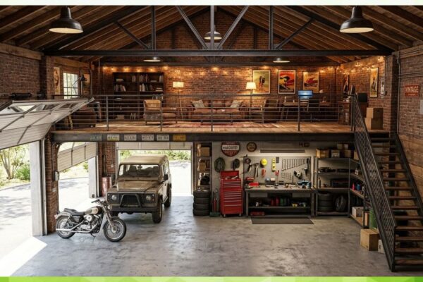 a lofted garage interior