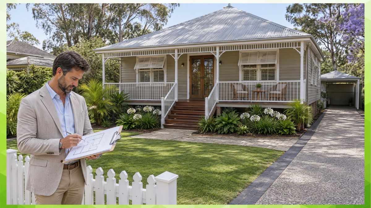 image of a Brisbane residential investment property being evaluated by a prospective investor, featuring a well-maintained Queensland home with a front veranda, landscaped garden, and subtle subtropical greenery.