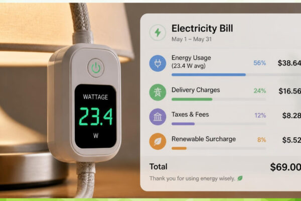 Close-up of a smart plug on a lamp cord with a glowing wattage readout, overlaid with a simplified electricity bill breakdown graphic