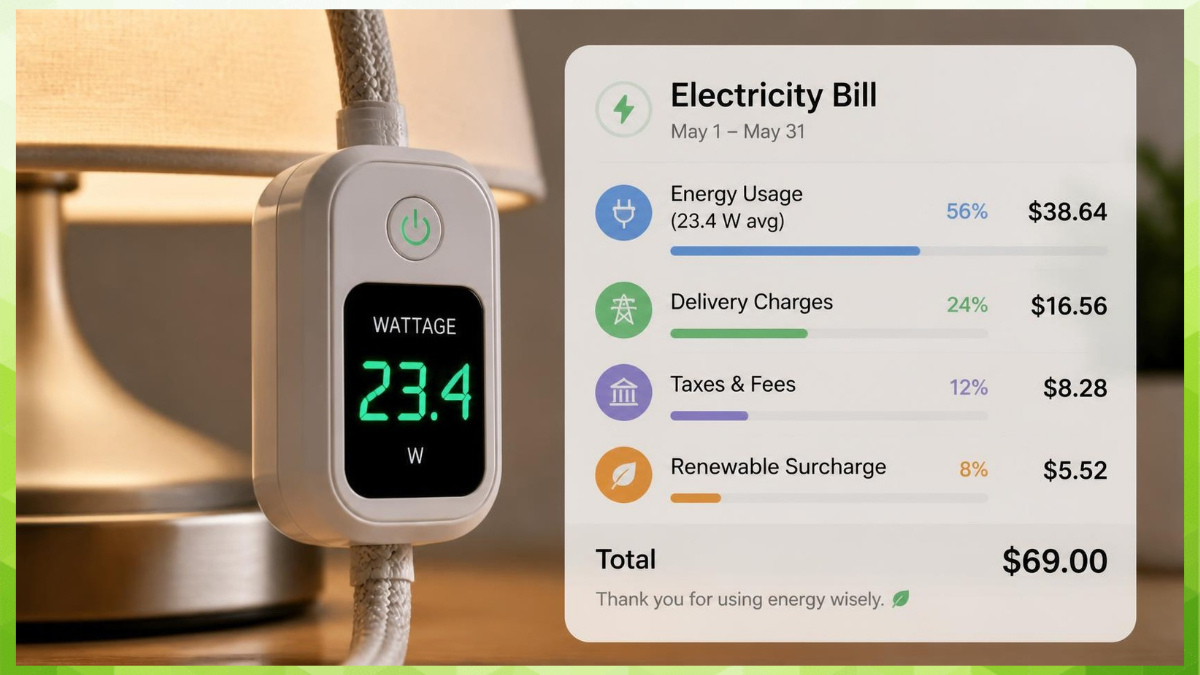 Close-up of a smart plug on a lamp cord with a glowing wattage readout, overlaid with a simplified electricity bill breakdown graphic