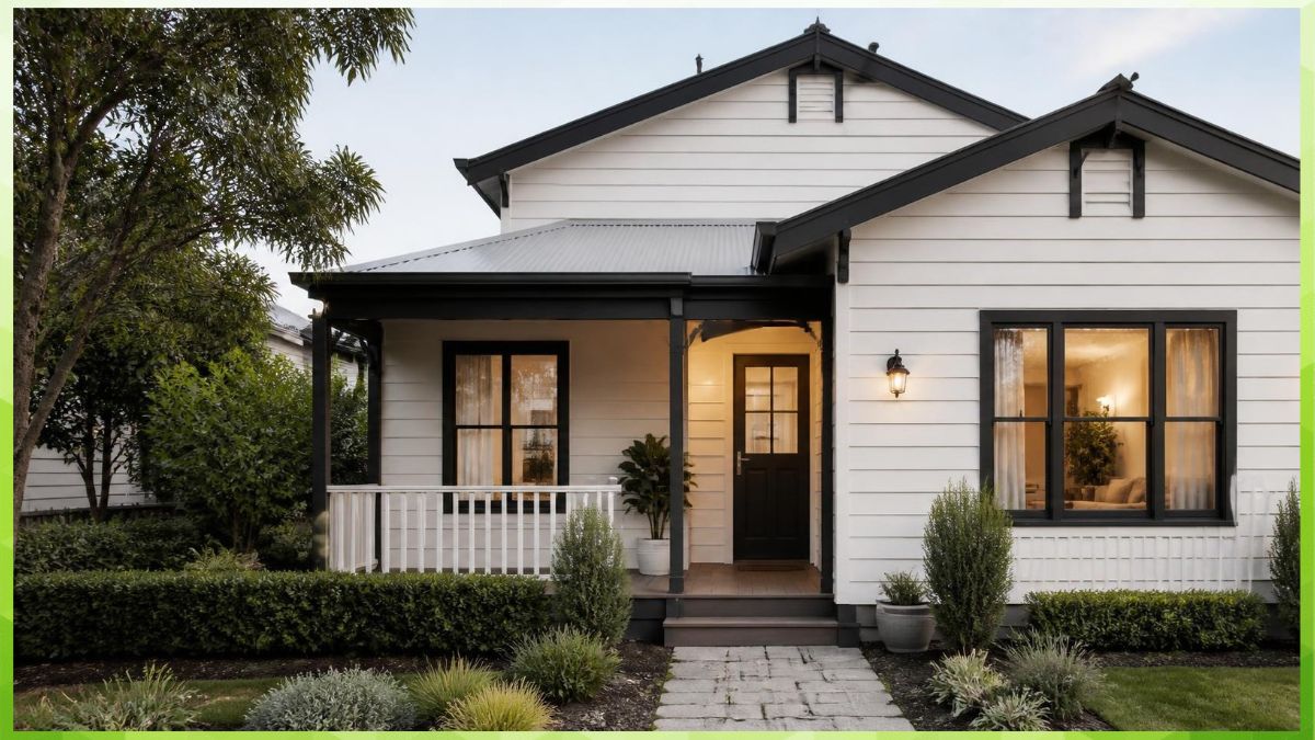 a modern Australian-style suburban home featuring elegant weatherboard cladding, with crisp horizontal timber-look boards, clean exterior detailing, and a welcoming front porch.